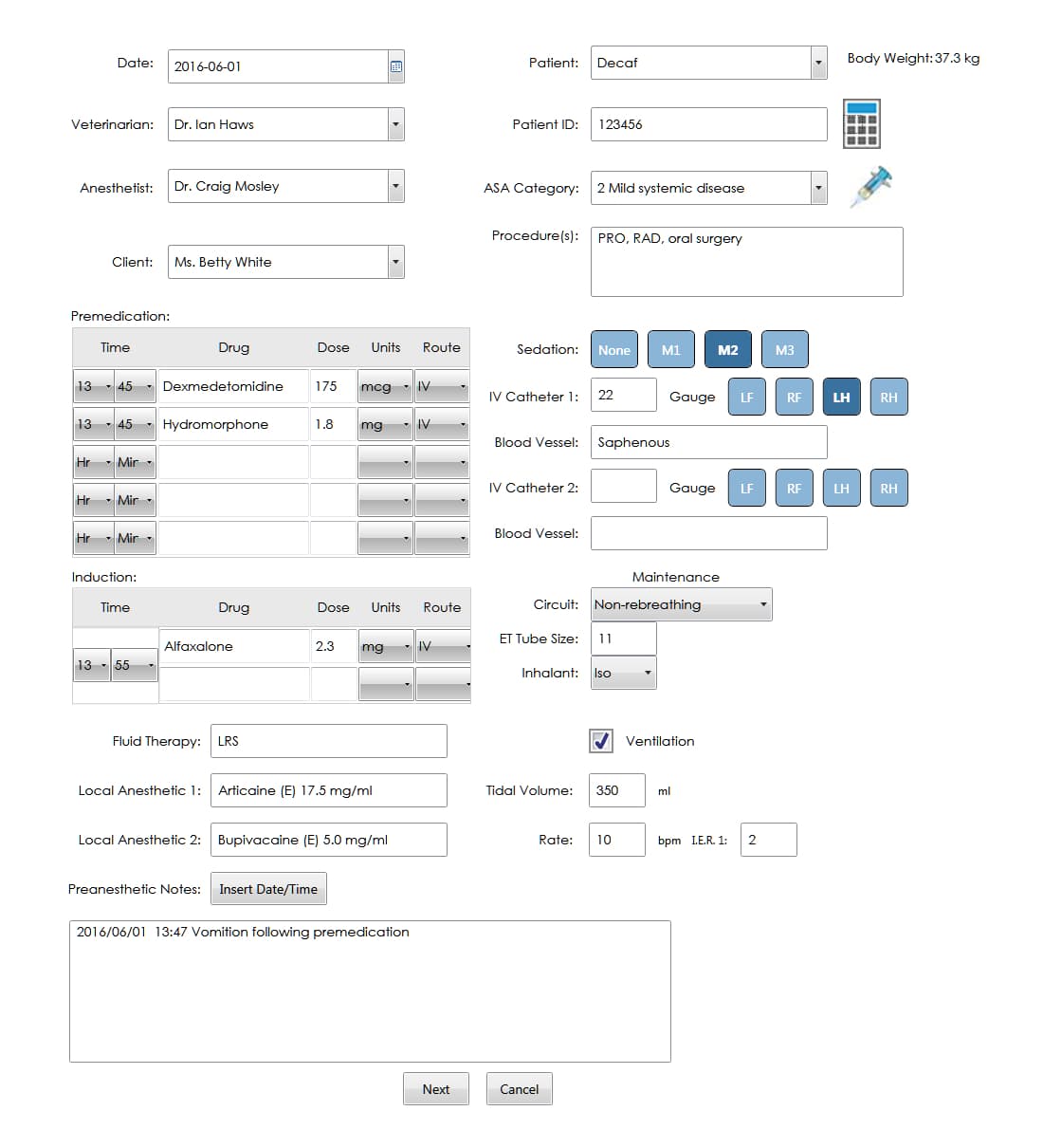 Anesthetic Monitoring Chart